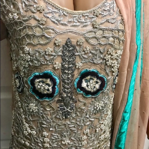 Peach georgette dress with silver and black work - Picture 2 of 3